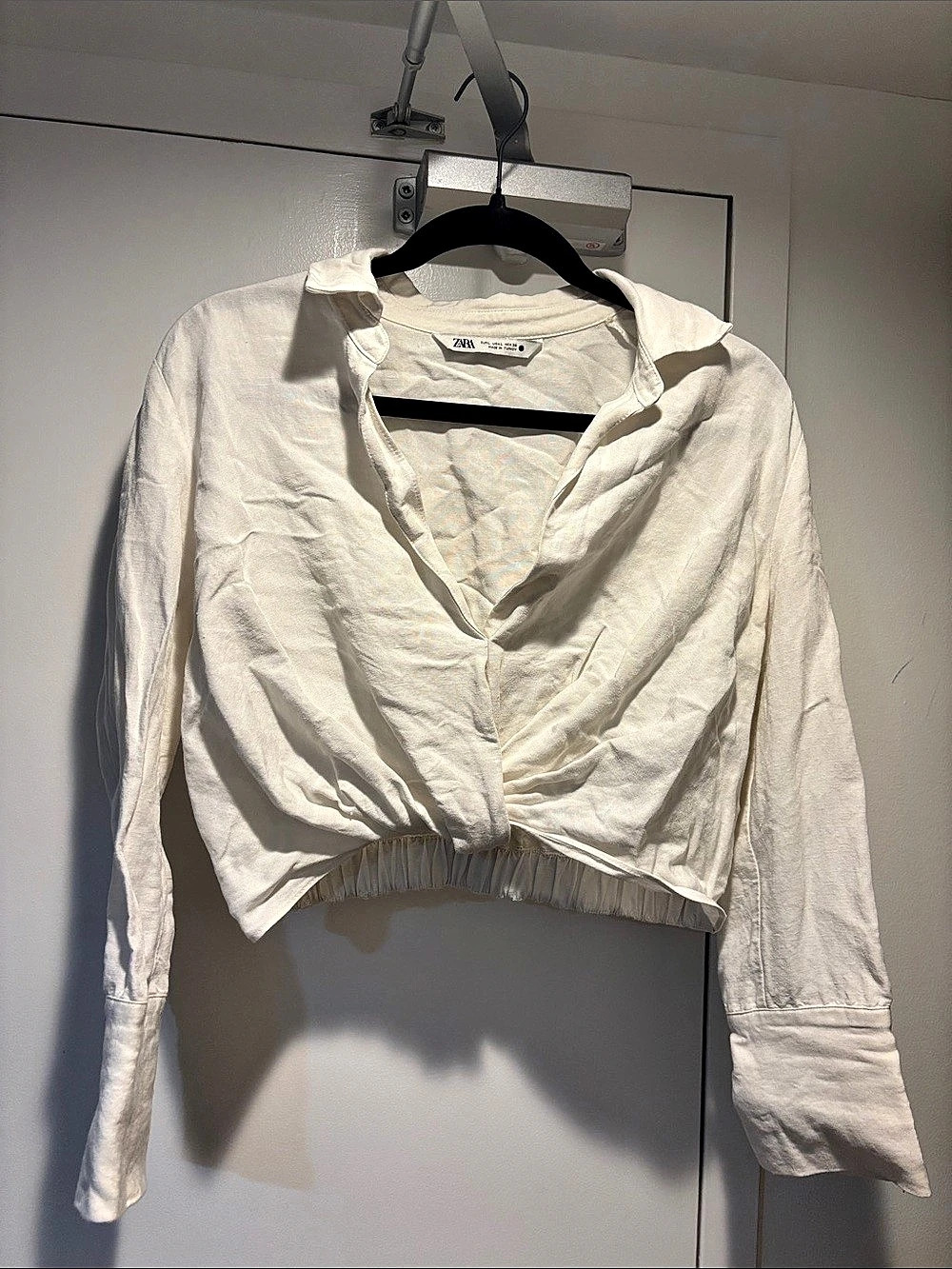 Zara Linen Blend Shirt with Knot White Cropped Size Medium